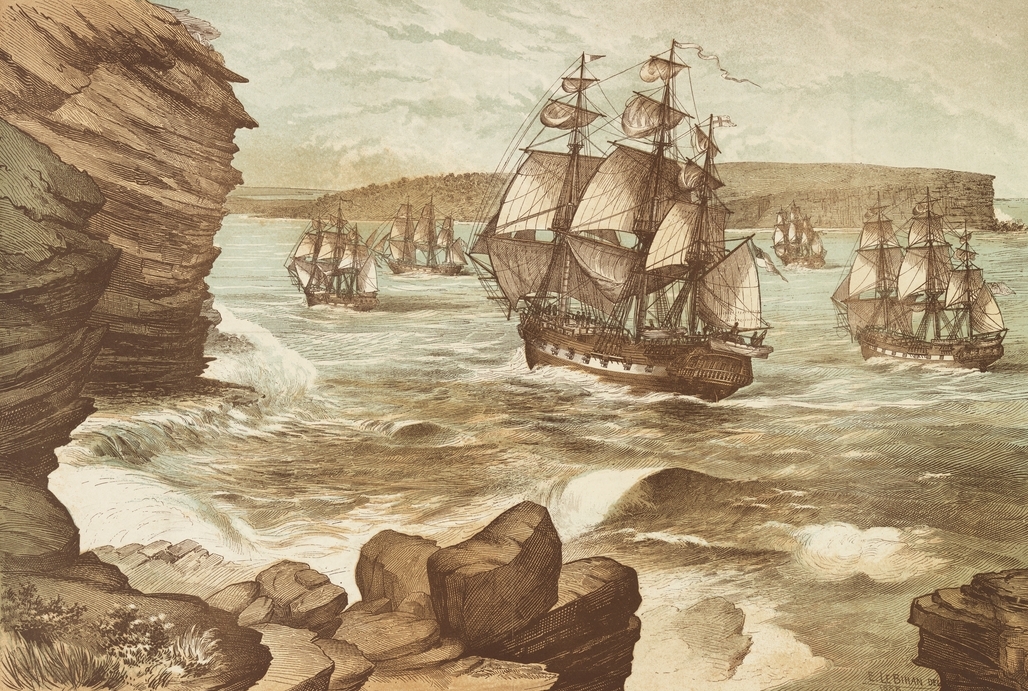 The First Fleet entering Port Jackson on January 26 1788 by E. Le Bihan, 1888
