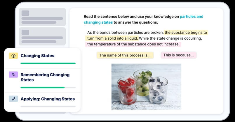 EP States of Matter lesson screenshot showing section navigation labelled Remembering Changing States and Applying Changing States, with a question asking students to name and explain a state change process.